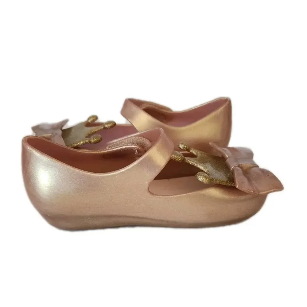 Mini Melissa Princess Crown Shoes Mary Jane Pearly Gold Sz 9 toddler Peep Toe